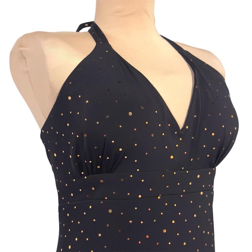 Vtg Y2K Studio 1940 Halter Dress Party Size 14 Empire Cocktail Gold Dot Black